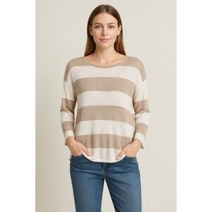 Eileen Fisher Beige Organic Linen Sweater Women’s Neutral Stripe 3/4 Sleeve